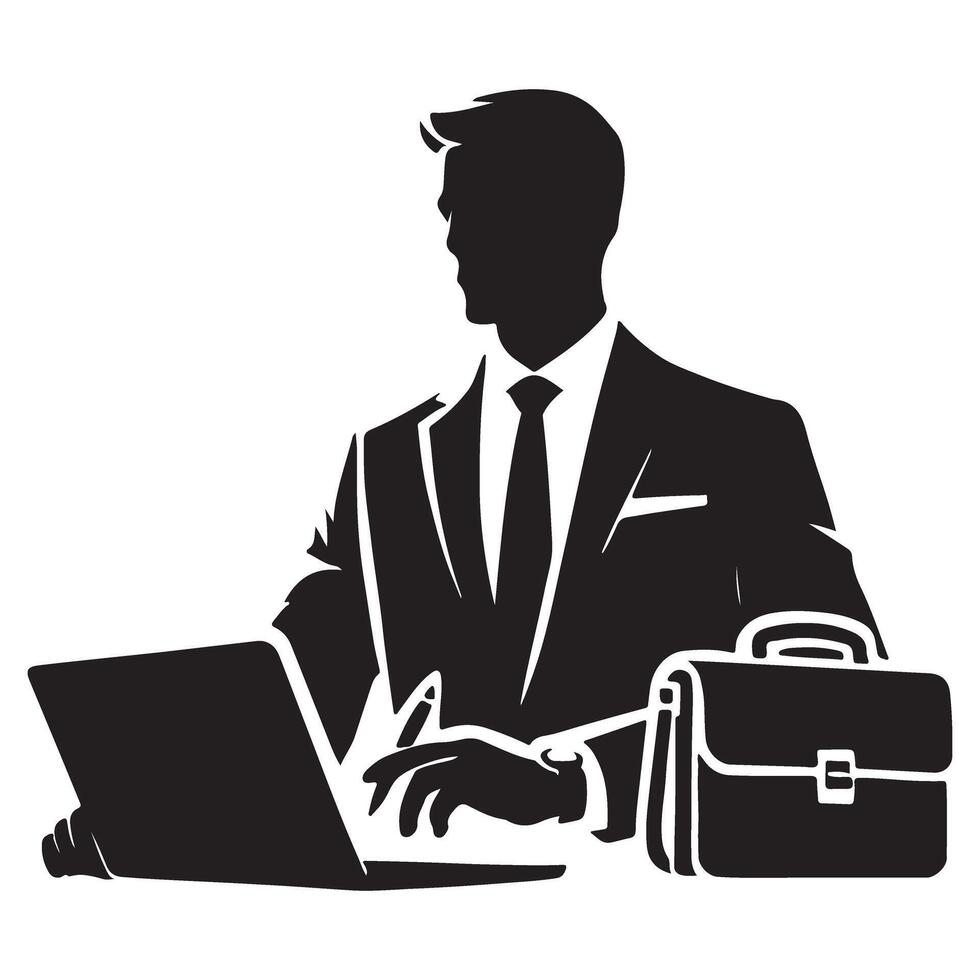 Businessman Silhouette Working on Laptop with Briefcase vector