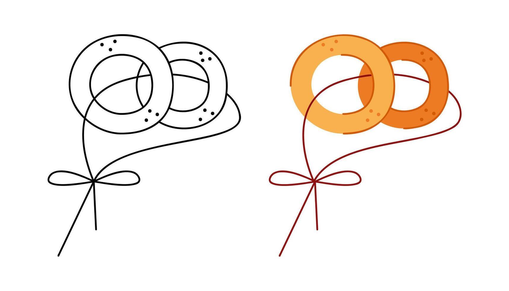 Two bagels on a rope, black and colored. Hand drawn clip art for your project. vector