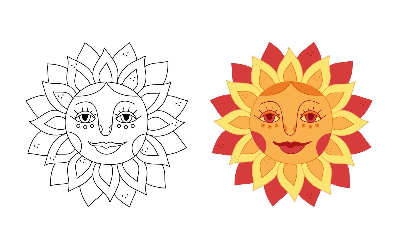 Two suns with a face for Shrovetide, black and colored. Hand drawn clip art for your project. vector
