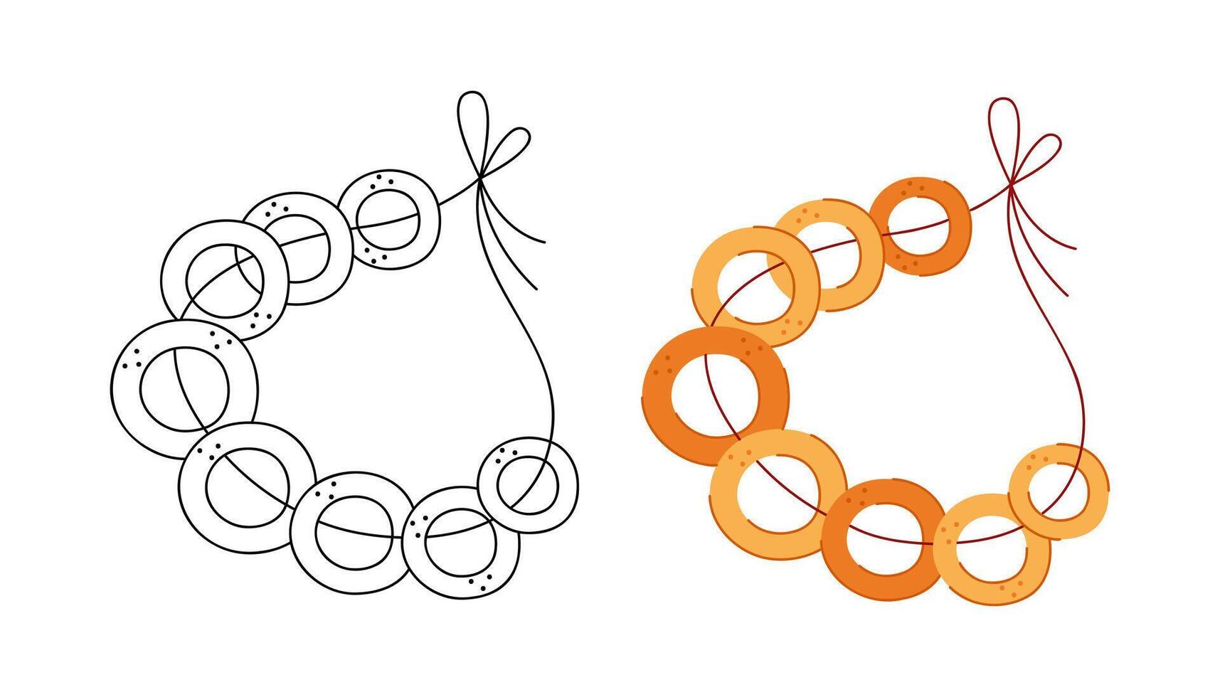 Two bunches of bagels on a rope. Hand drawn clip art for your project. vector