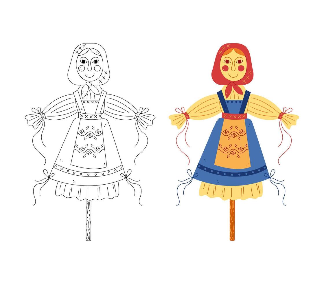 Two scarecrows for celebrating Shrovetide. Hand drawn clip art for your project. vector
