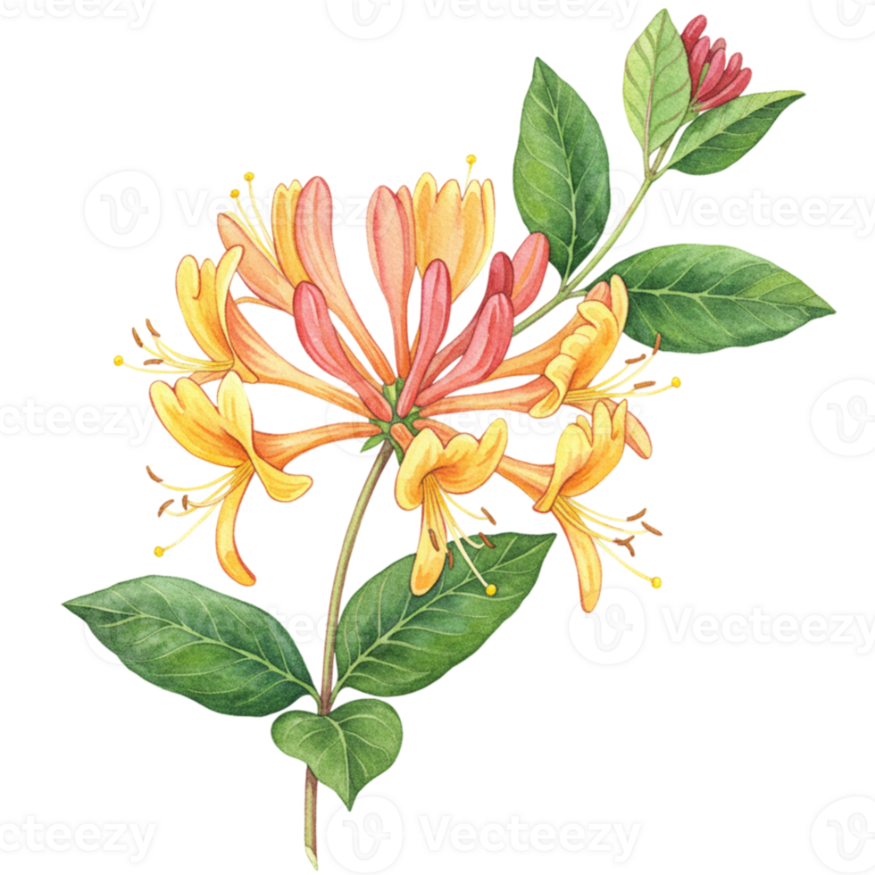 Vibrant honeysuckle bloom botanical study transparent background nature close-up floral design png