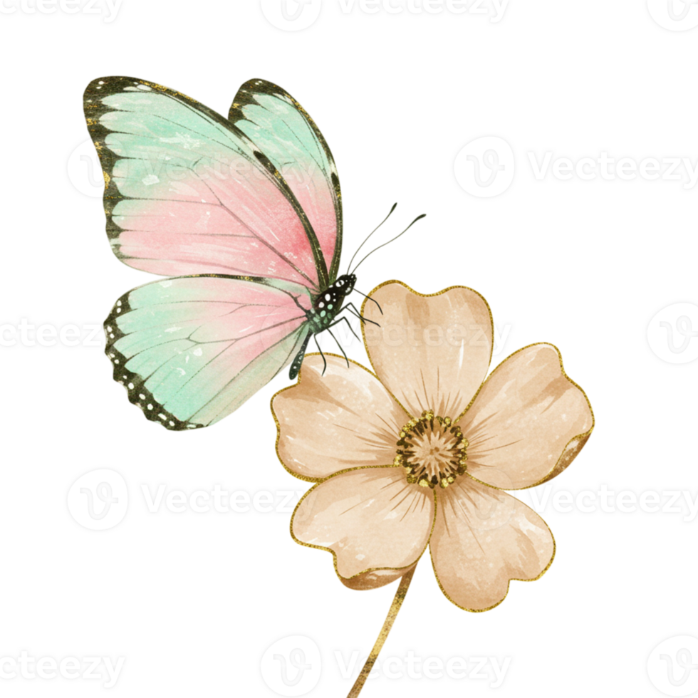 Butterfly and flower encounter nature scene transparent background art soft colors close-up view serenity concept png
