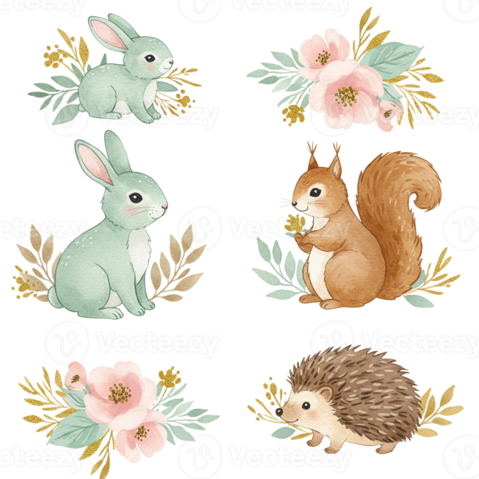Adorable forest animals with flowers transparent background illustration whimsical nature cute art png