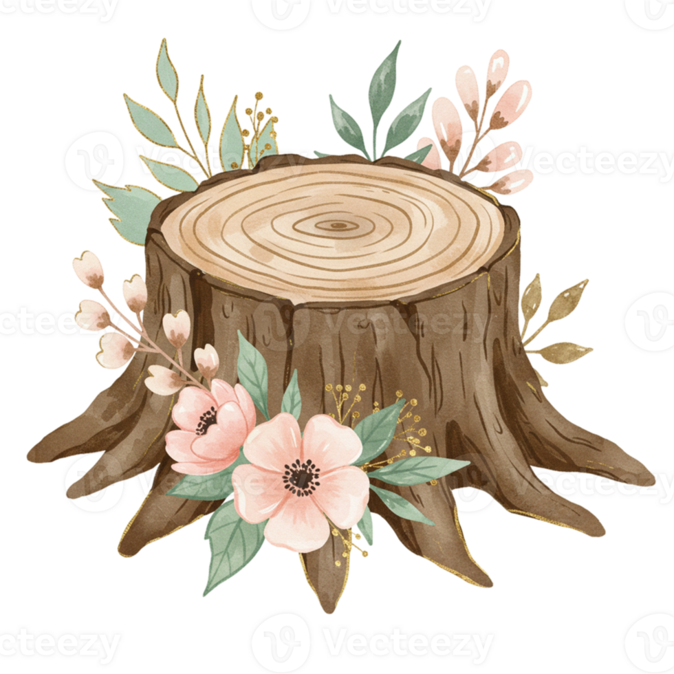 Floral decor on tree stump digital art transparent background nature scene close-up serenity and beauty png