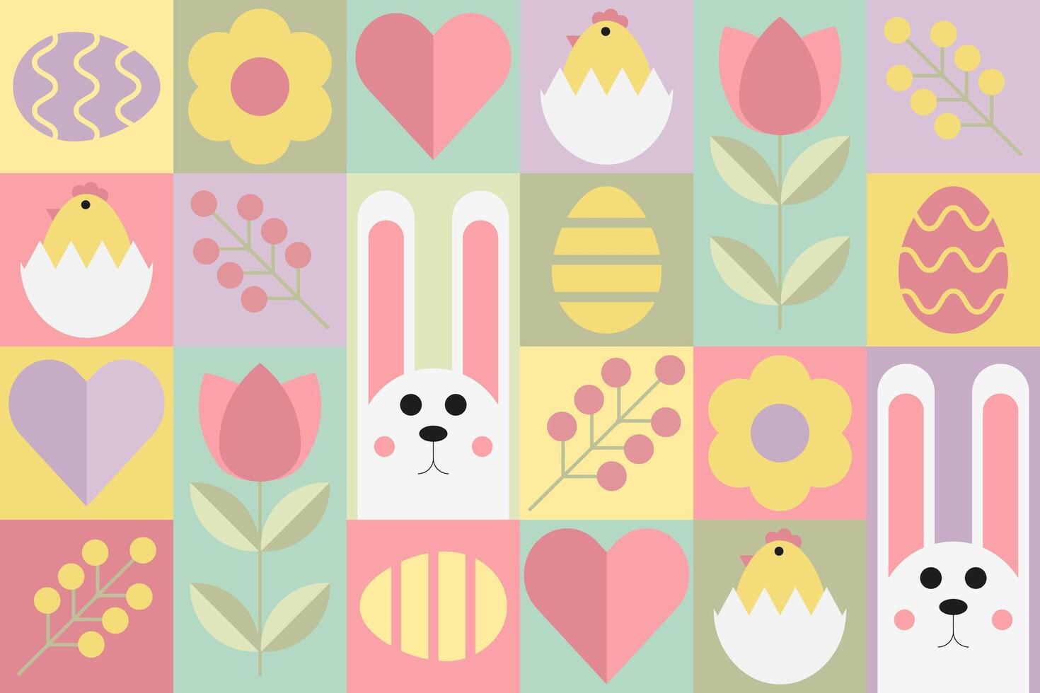 Geometric Easter pattern with bunny, chick, eggs and carrot vector