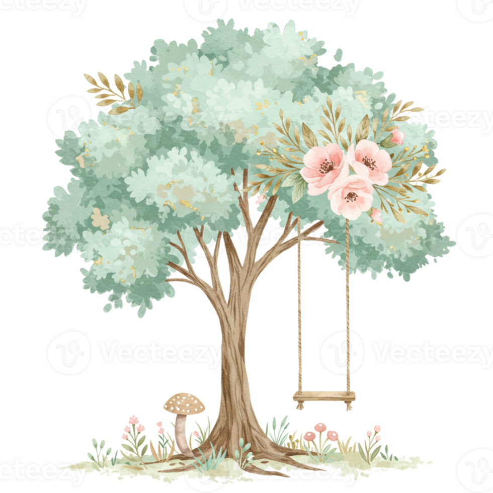 Beautiful tree with flowers and swing transparent background nature illustration serene environment whimsical concept png