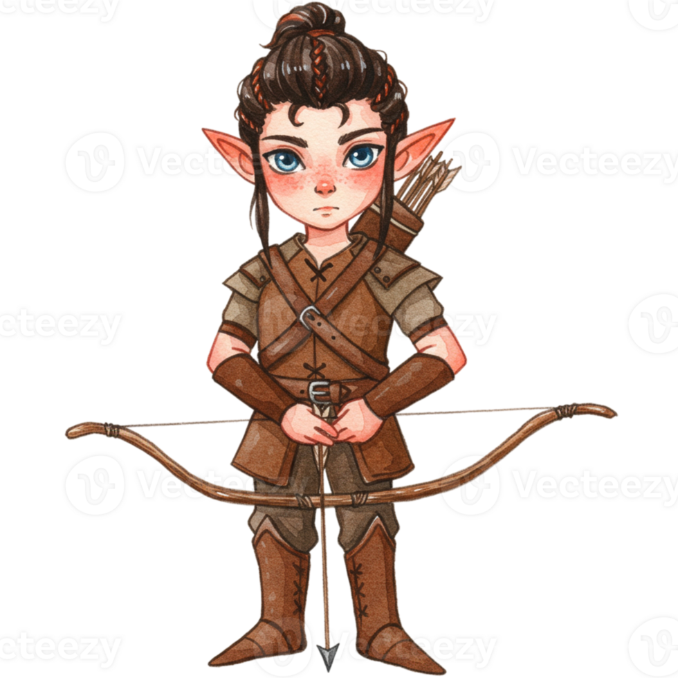 Archer character with transparent background fantasy forest setting digital illustration whimsical viewpoint adventure concept png