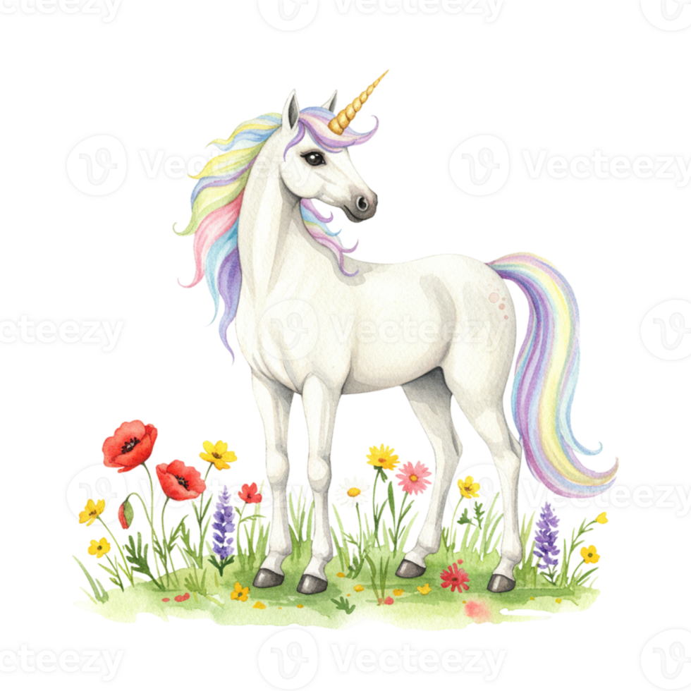 Enchanting unicorn in blooming meadow transparent background whimsical illustration playful vibes colorful fantasy png