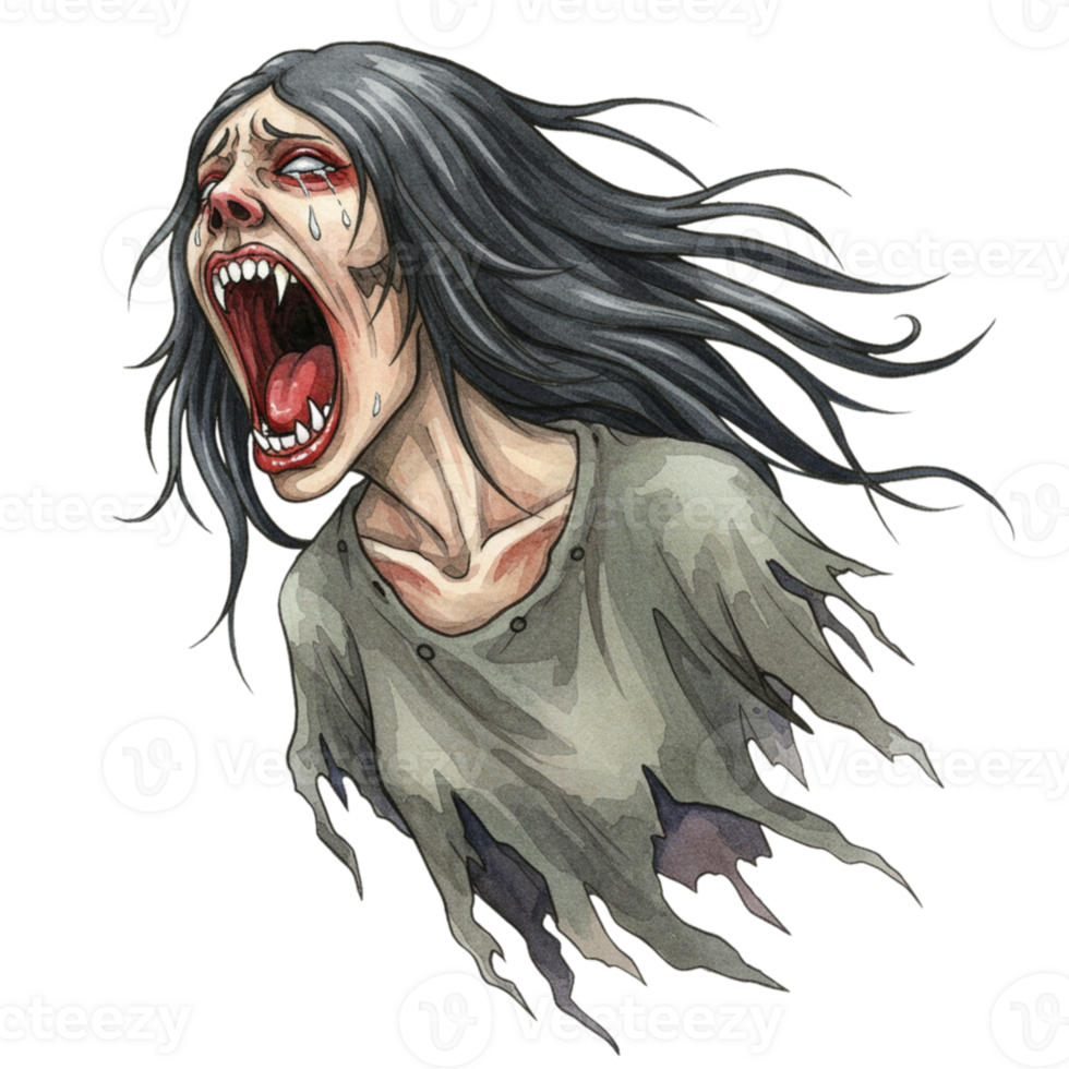 Screaming ghost woman dark alley digital art eerie environment frontal view transparent background visuals png
