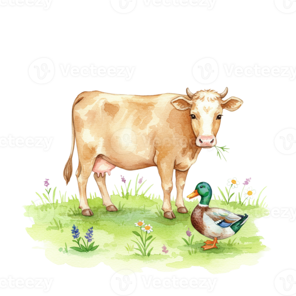 Farm animals cow and duck in a pastoral scene with transparent background nature illustration colorful environment png