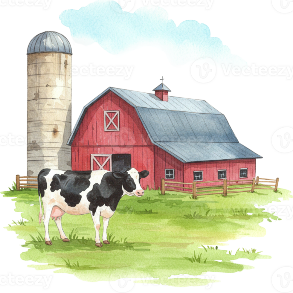 Cow in farmyard scene with transparent background country landscape illustration rural environment nature concept png