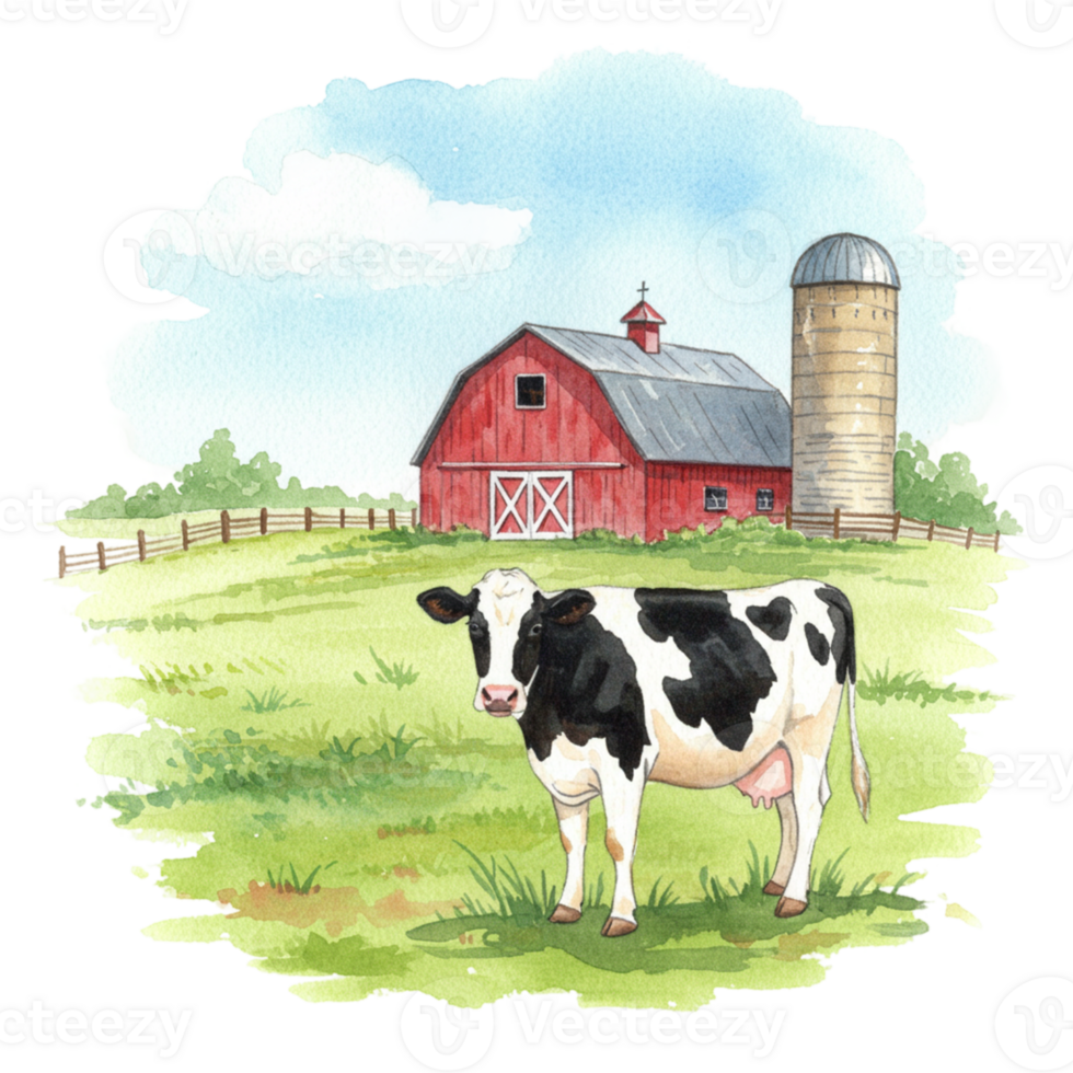 Cow in a pastoral scene farm background digital art green environment vibrant viewpoint transparent background png