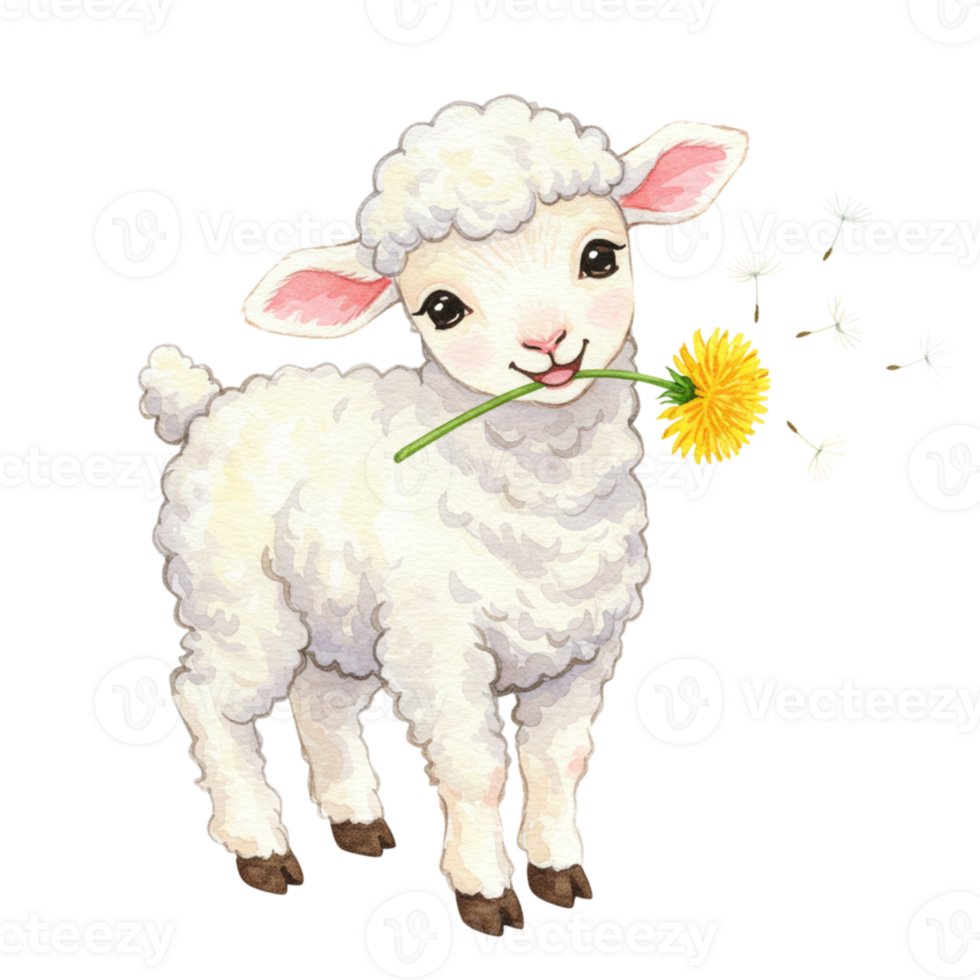 Cute lamb chewing dandelion animals in nature illustrative art transparent background whimsical style png