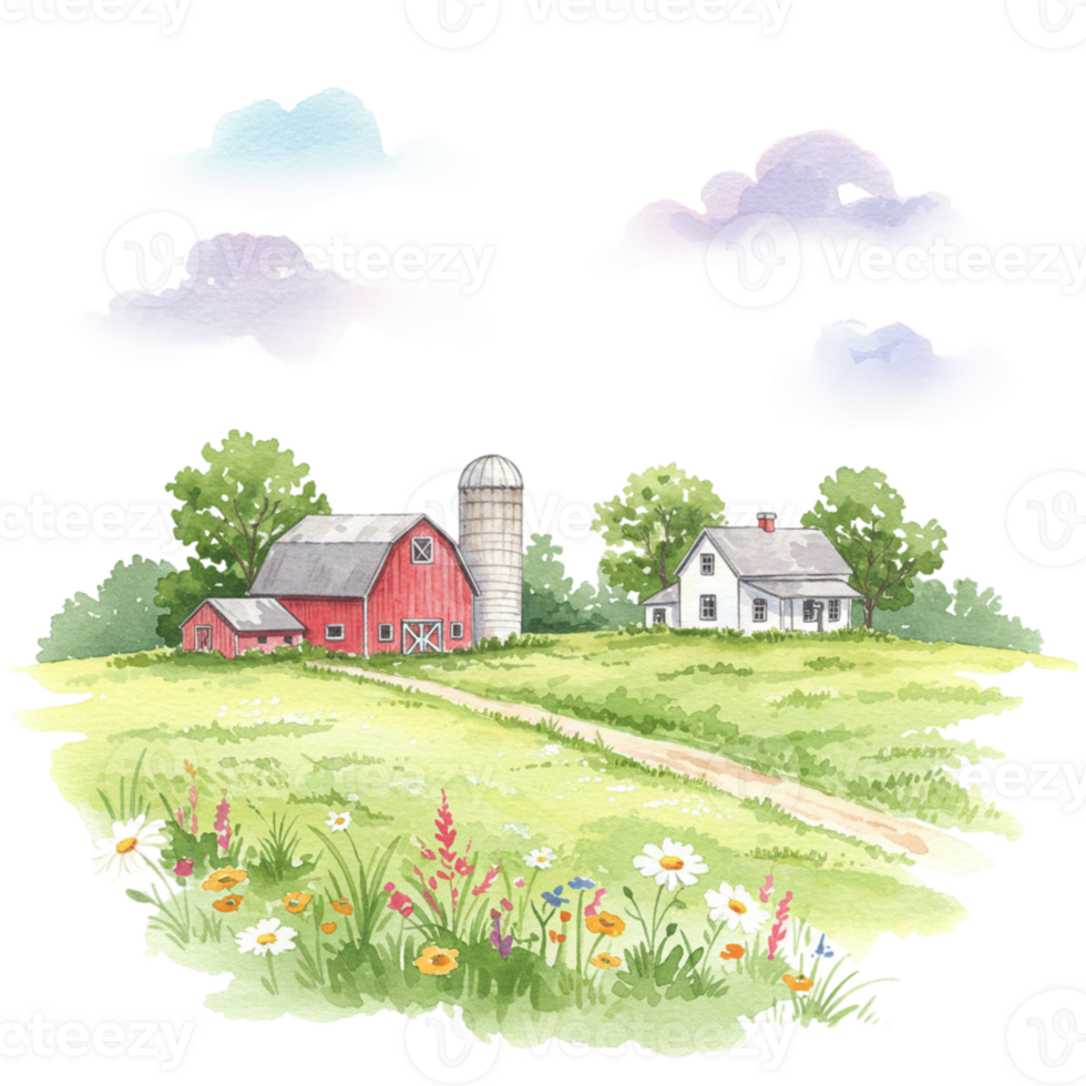 Farm life scene with house and barn lush green fields landscape illustration transparent background rural charm png