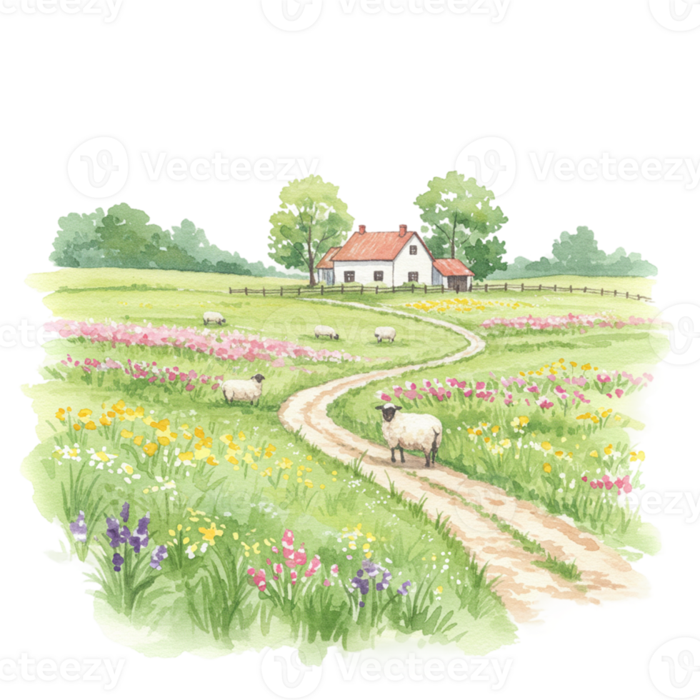 Charming sheep grazing near cottage in colorful meadow transparent background nature illustration serene landscape daylight png