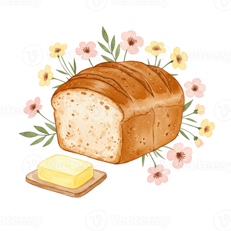 Delicious freshly baked bread with butter on a transparent background nature food art pastel floral elements png