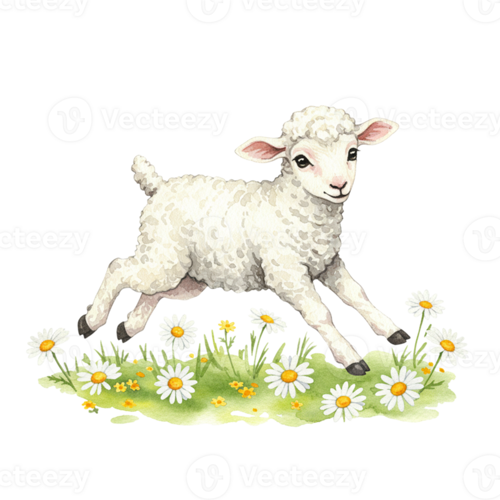 Playful lamb leaping in a flower field transparent background nature illustration cheerful environment close-up view whimsical concept png
