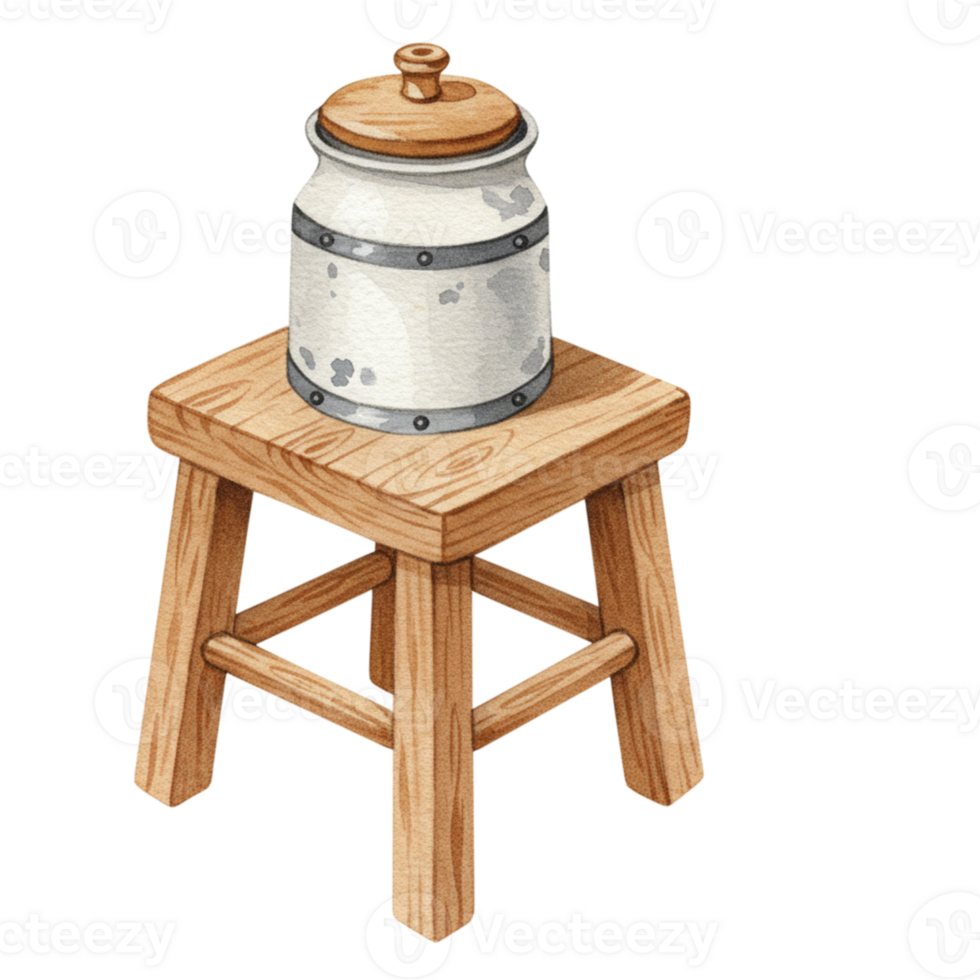 Rustic wooden stool with a jar transparent background still life natural setting close-up view home decor concept png