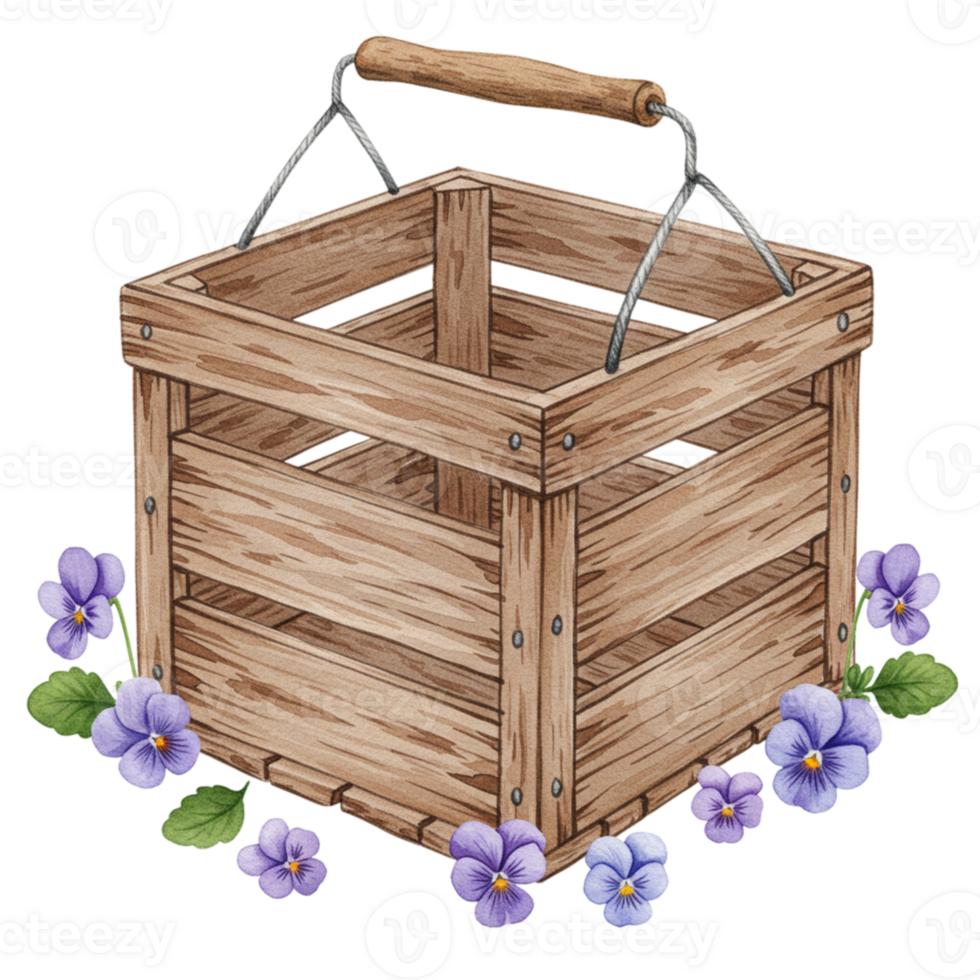 Rustic wooden basket with violets transparent background digital illustration nature close-up artistic concept png