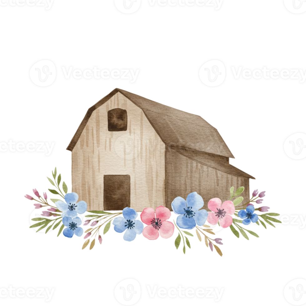 Charming barn illustration with floral accents on transparent background rustic art nature theme digital design eye-catching view png