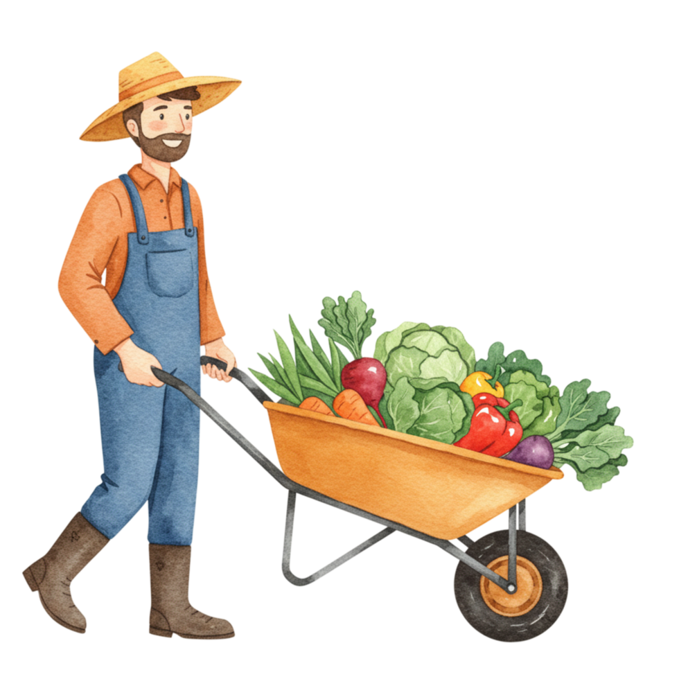 Gardener pushing wheelbarrow of fresh vegetables farm setting digital illustration with transparent background png