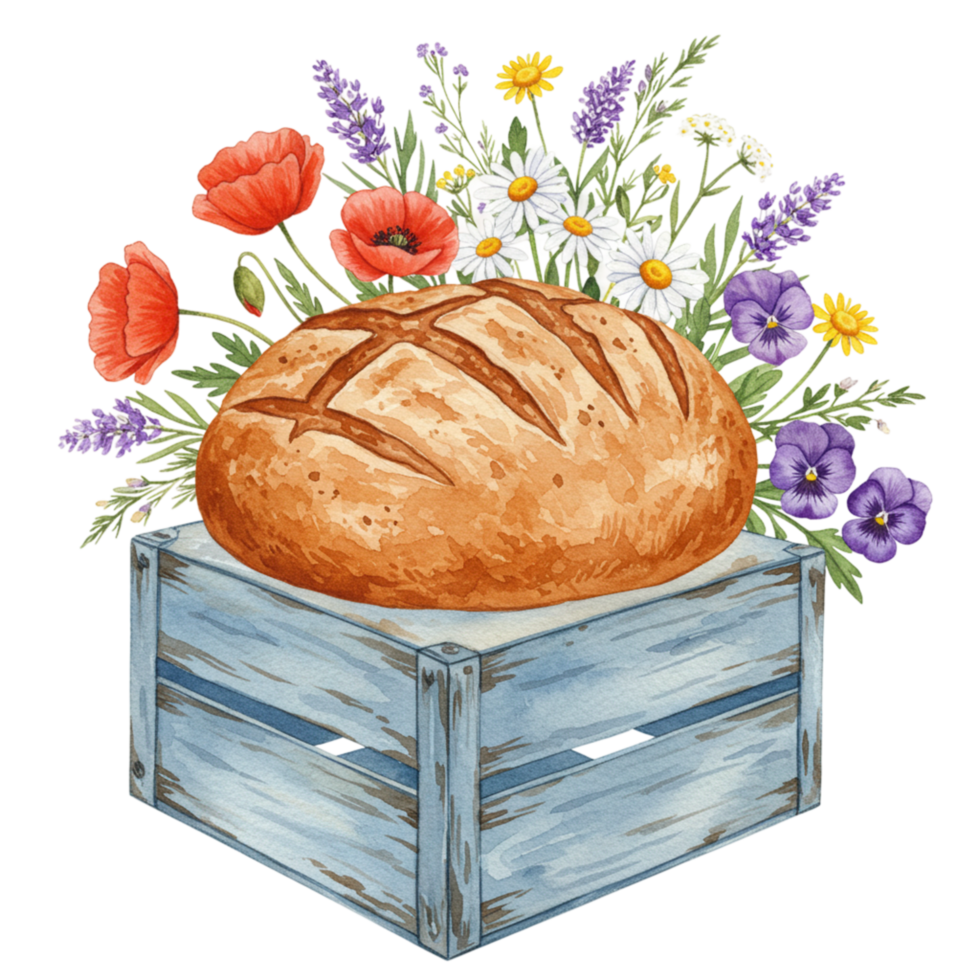 Artistic bread display with flowers transparent background food photography rustic environment close-up view culinary concept png