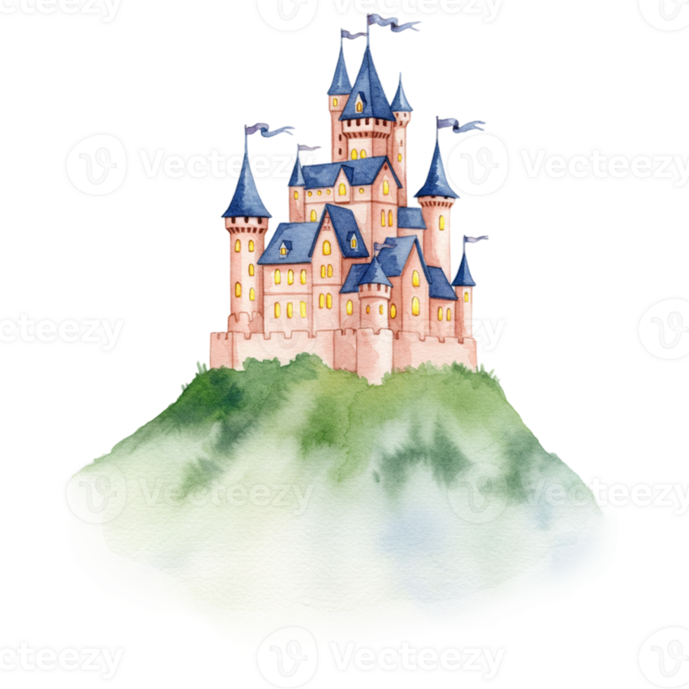 Majestic castle illustration fairy tale landscape transparent background enchanted forest whimsical art style png