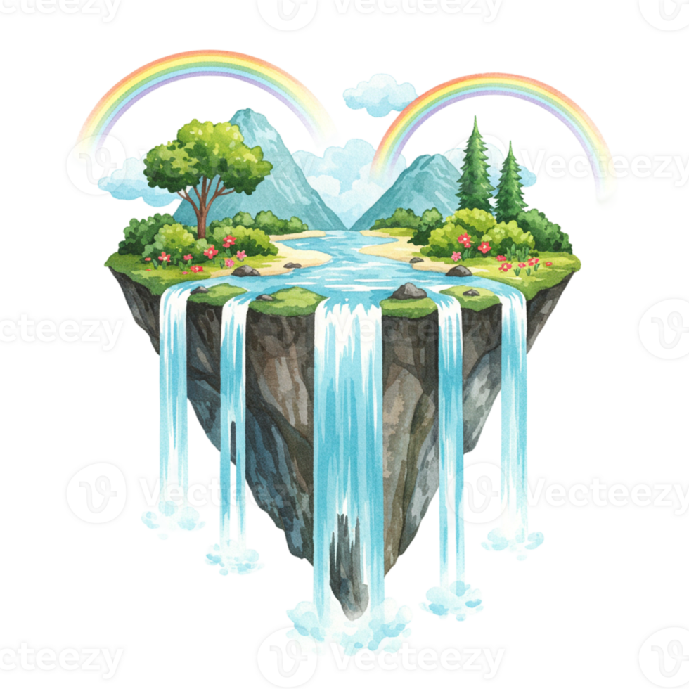 Heart-shaped floating island with waterfalls and rainbows on a transparent background nature scene fantasy art png