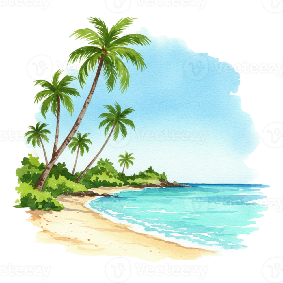 Tropical beach scene with palm trees transparent background nature illustration coastal environment vibrant colors png