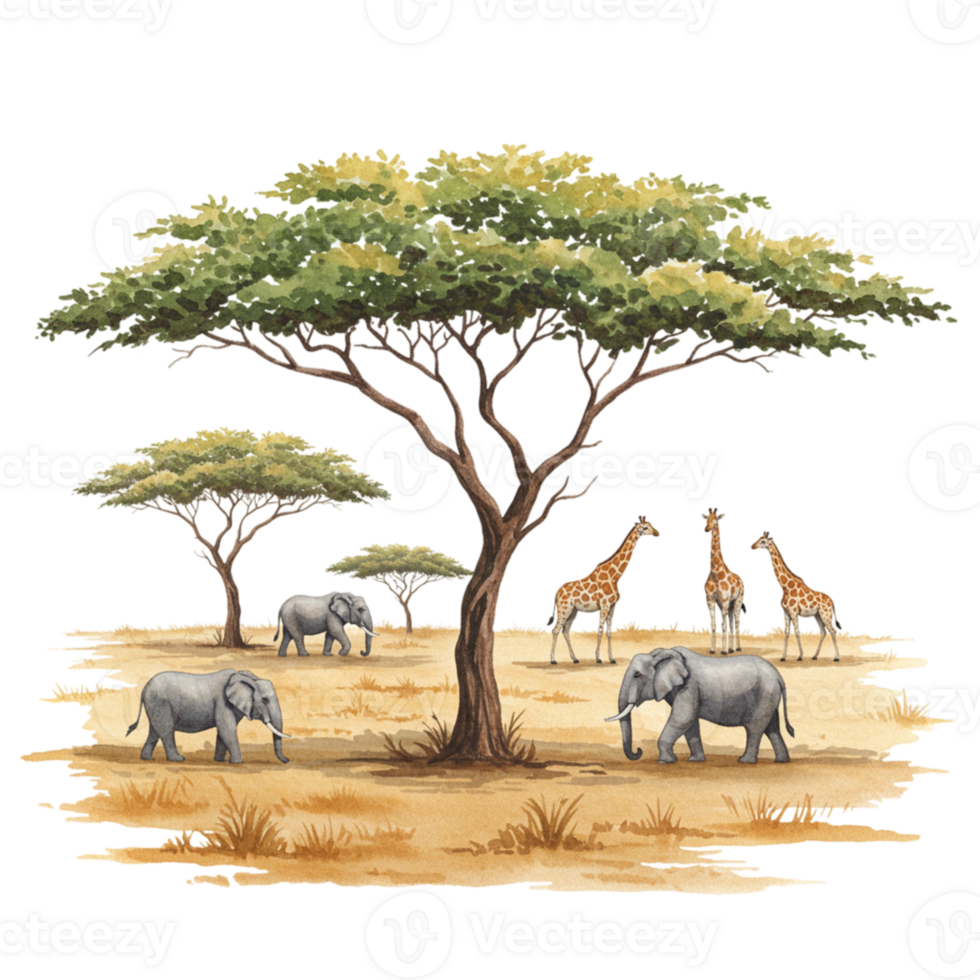 Wildlife encounter elephants and giraffes in serengeti digital illustration with transparent background png