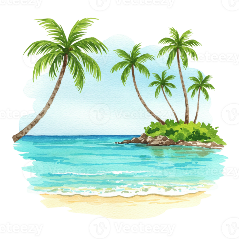 Tropical paradise escape beach digital illustration coastal aesthetic transparent background png