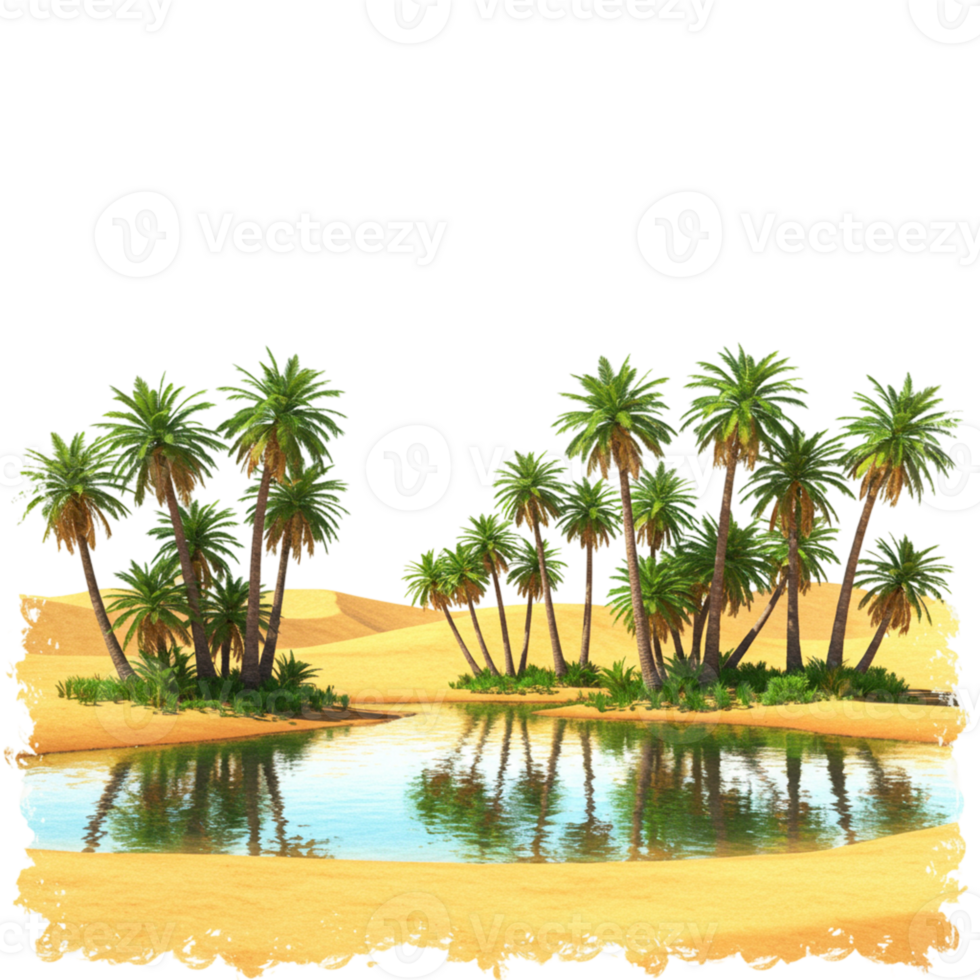 Desert oasis palm trees reflection serene location nature illustration tranquil environment aesthetic viewpoint transparent background png