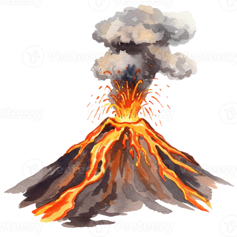 Erupting volcano illustration nature digital art transparent background dramatic colors and eruption details png