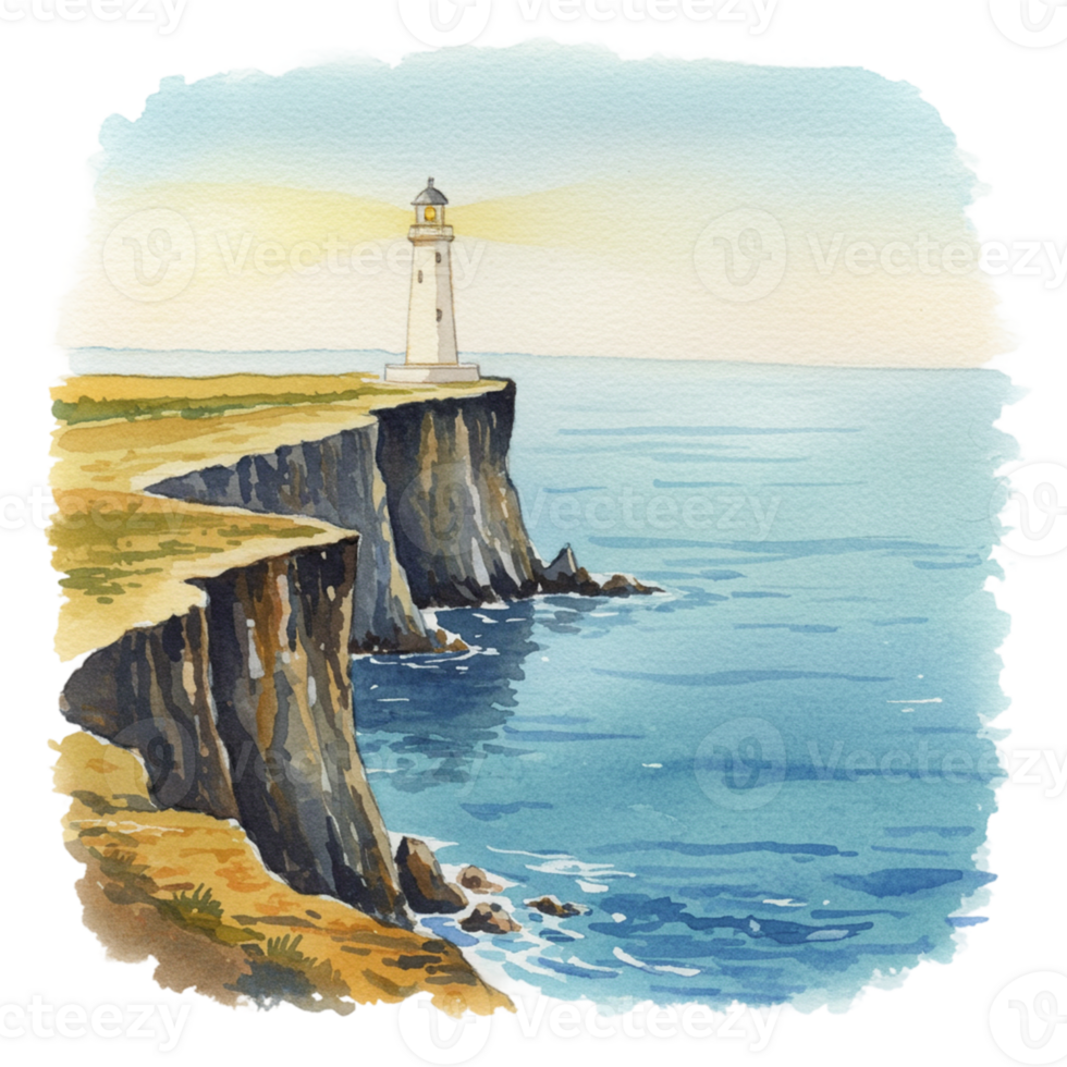 Lighthouse at cliff's edge coastal landscape transparent background tranquil seascape aerial view nature's serenity png