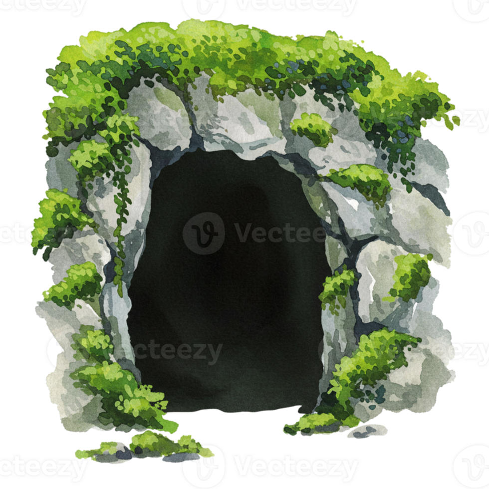 Mysterious cave entrance surrounded by lush greenery nature scene transparent background enigmatic atmosphere png