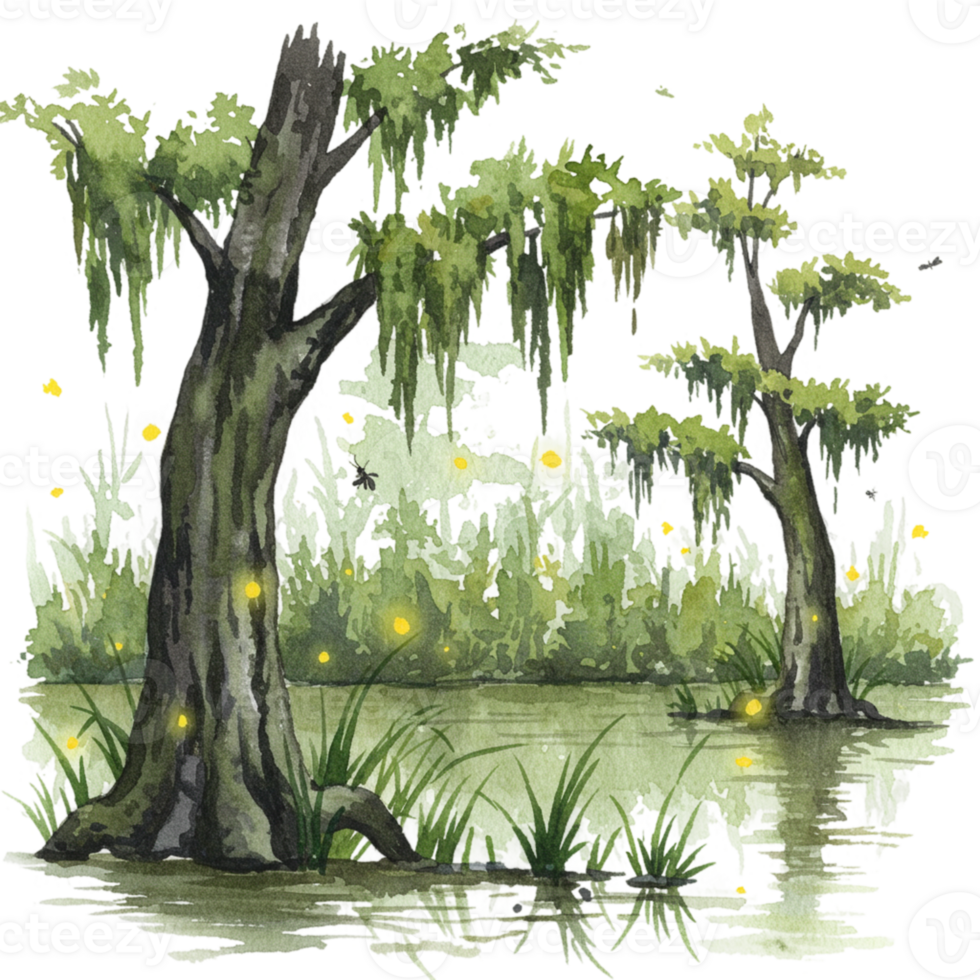 Enchanting glow of fireflies in a serene wetland landscape nature scene with transparent background png