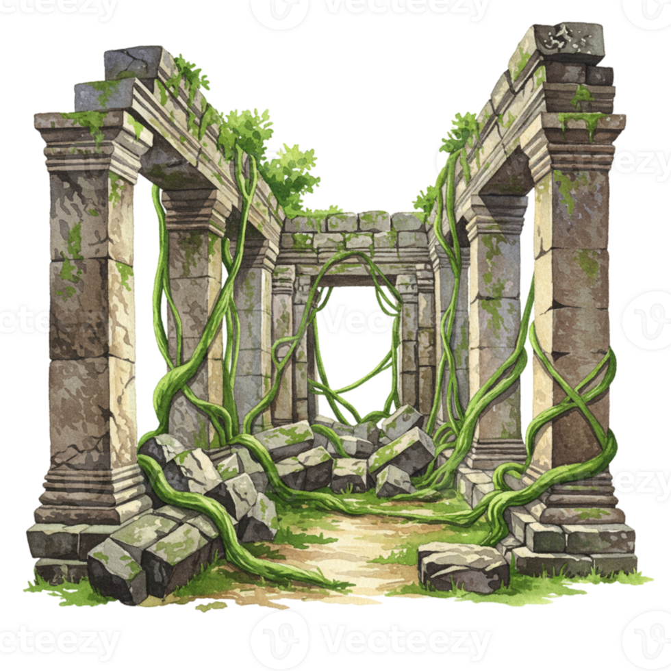 Ancient ruins overgrown with vines and rocks transparent background nature artistic enchanted environment png