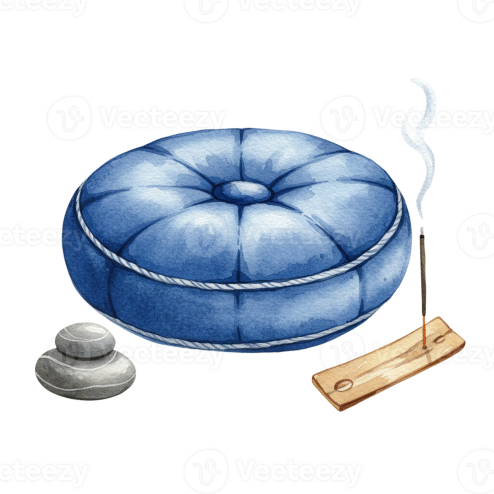 Meditation accessories with transparent background zen cushion incense and stones in calm space png