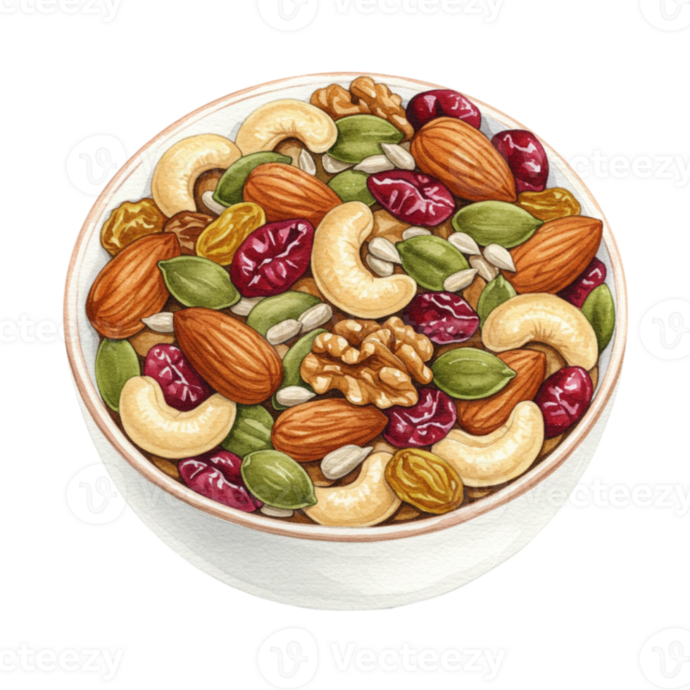 Healthy nut and seed snack bowl kitchen food illustration transparent background close-up view nutritional concept png