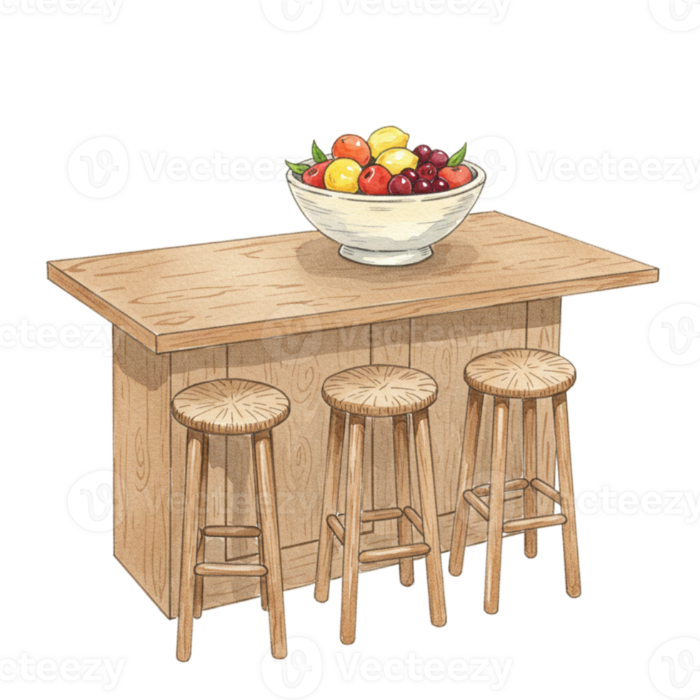 Fruit bowl display on wooden table kitchen setting illustration with transparent background bright environment creative viewpoint png
