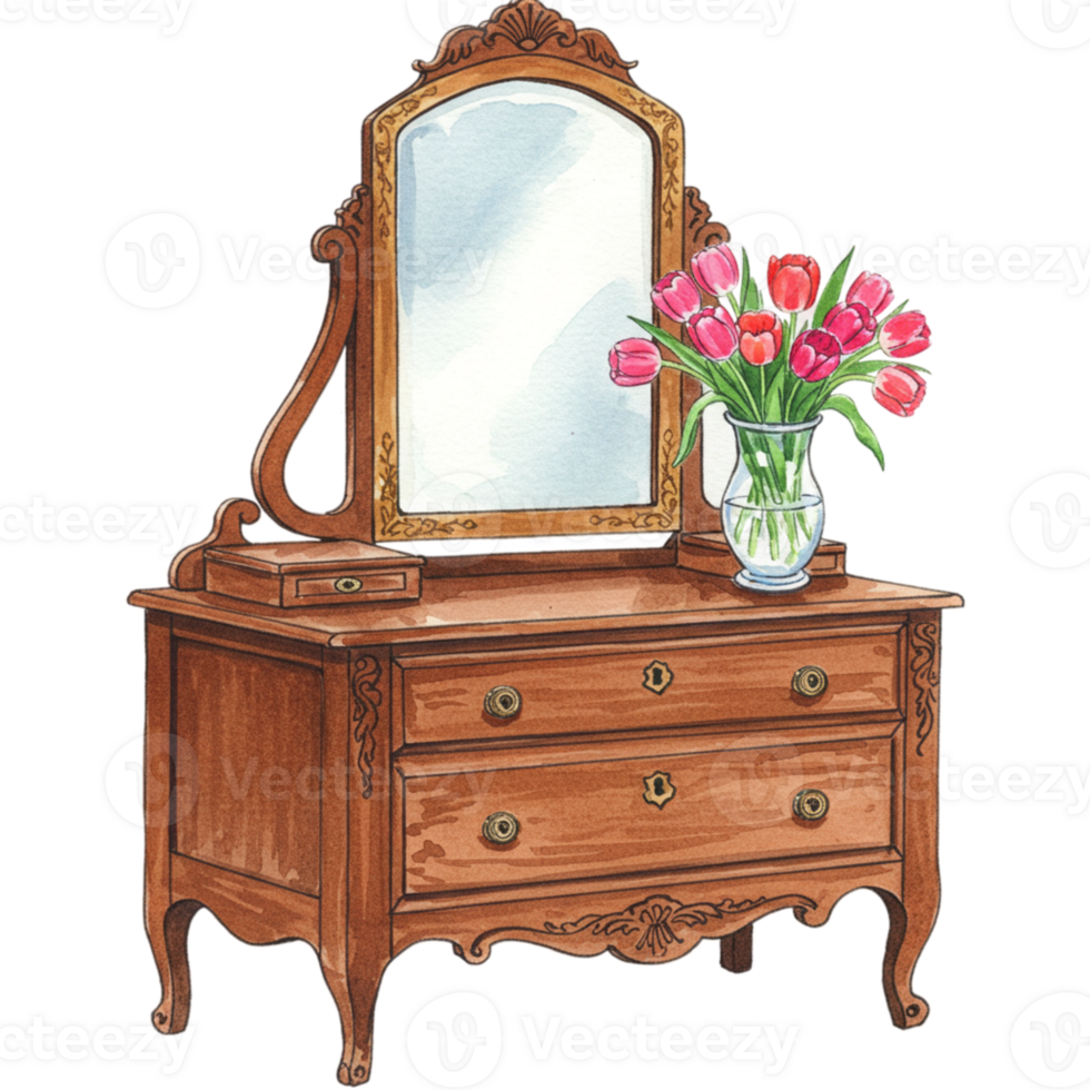 Elegant wooden vanity with mirror and flowers transparent background home decor artistic classic design png