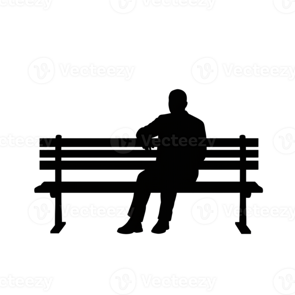Silhouette of a man sitting on a bench urban park transparent background minimalist style side view reflection on loneliness png