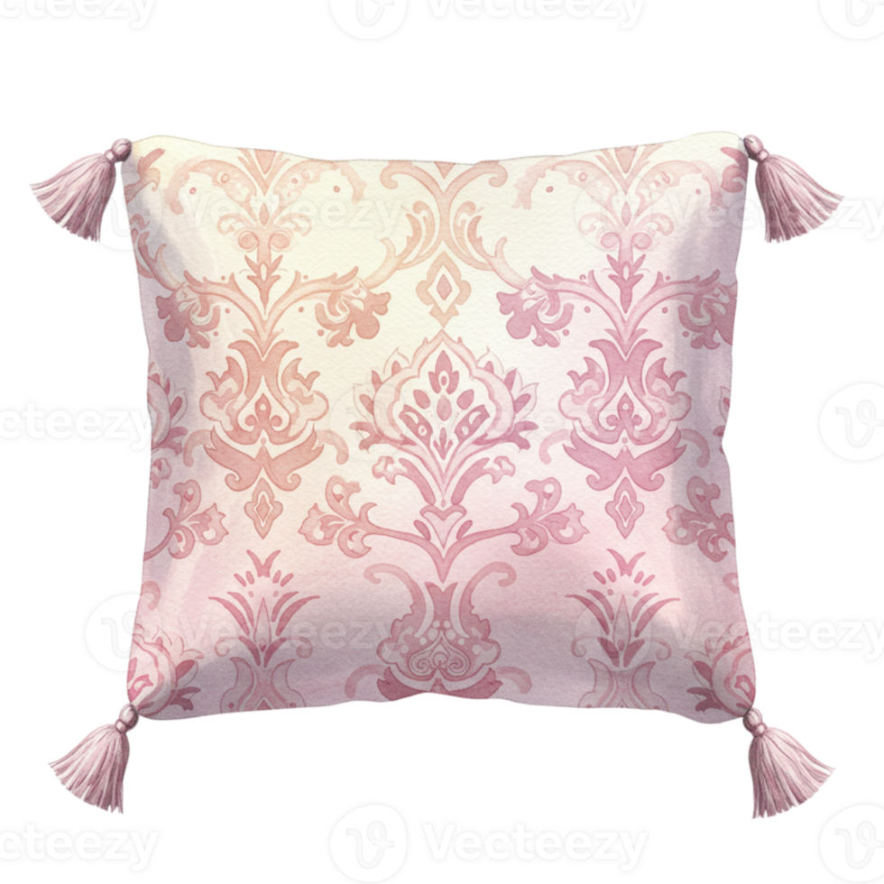 Elegant decorative pillow with pink damask pattern transparent background home decor soft textiles cozy atmosphere png