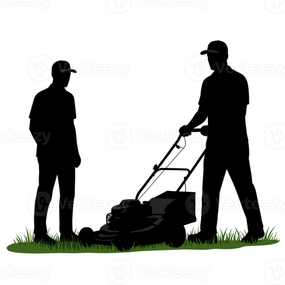 Lawn mowing action by two men in a green environment with transparent background outdoor setting work scene png