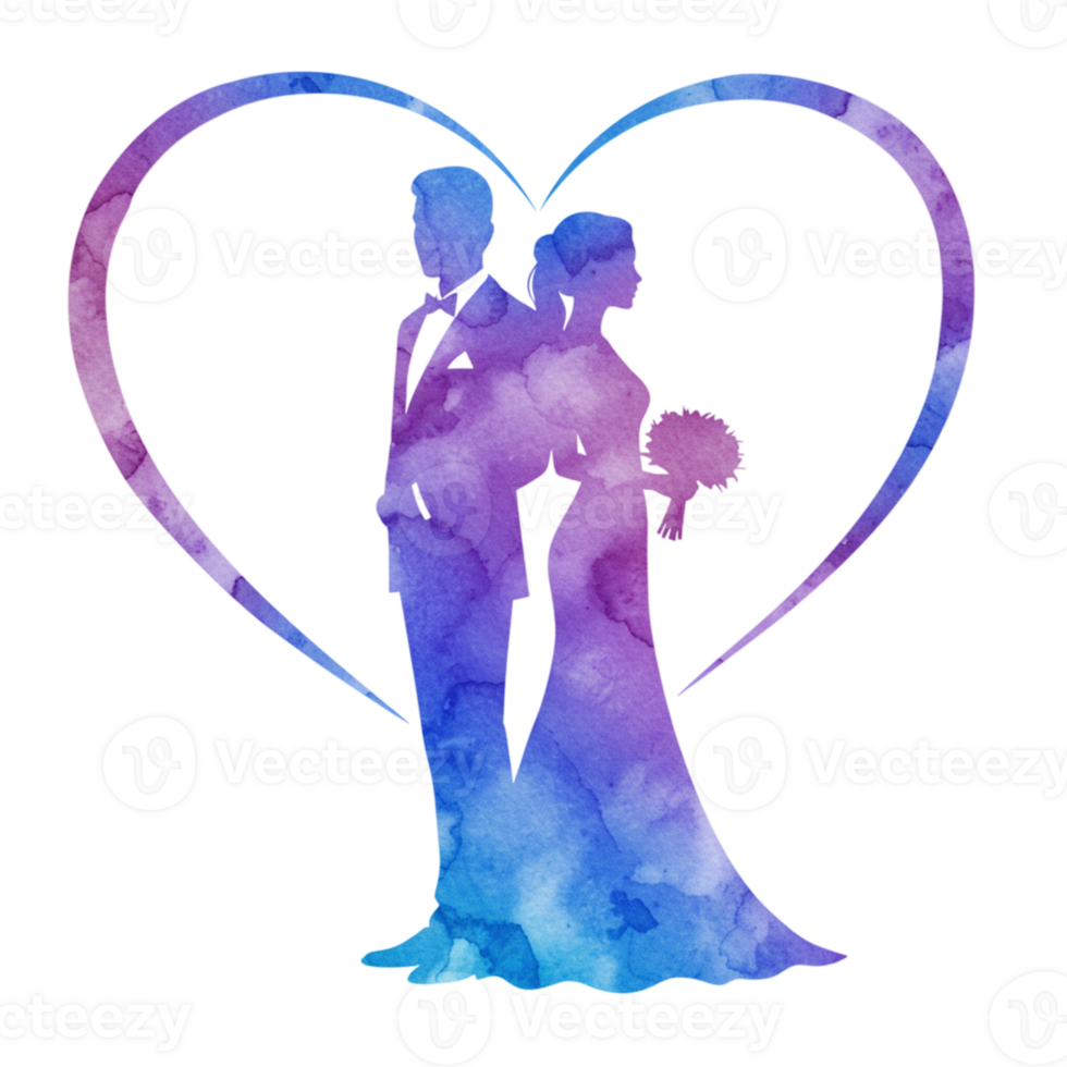 Wedding couple silhouette in heart shape transparent background art graphic romantic theme watercolor style png