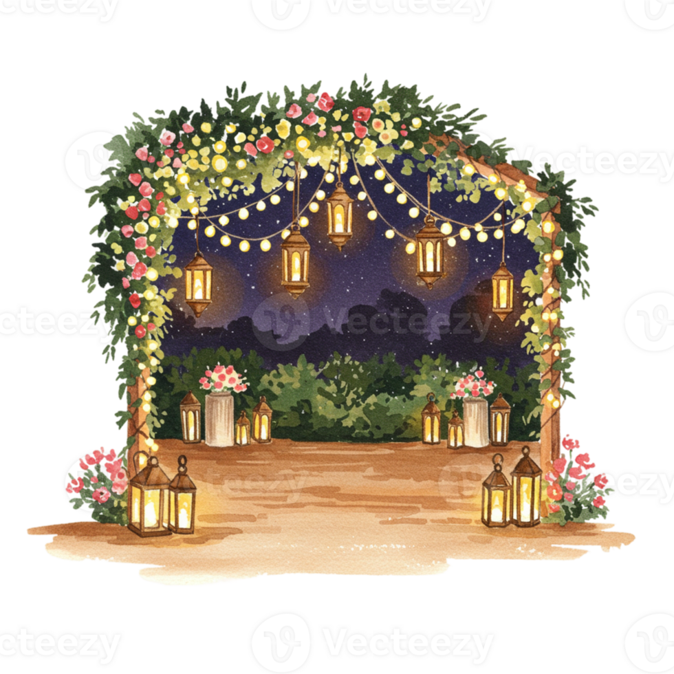 Romantic evening setup enchanted garden illustration nighttime front view transparent background for memorable occasions png