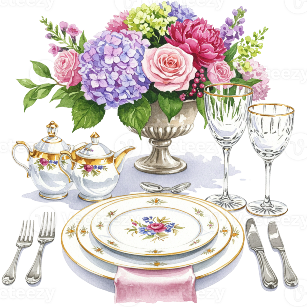 Elegant dining setup with floral arrangement and tableware transparent background still life indoor aesthetic appeal png