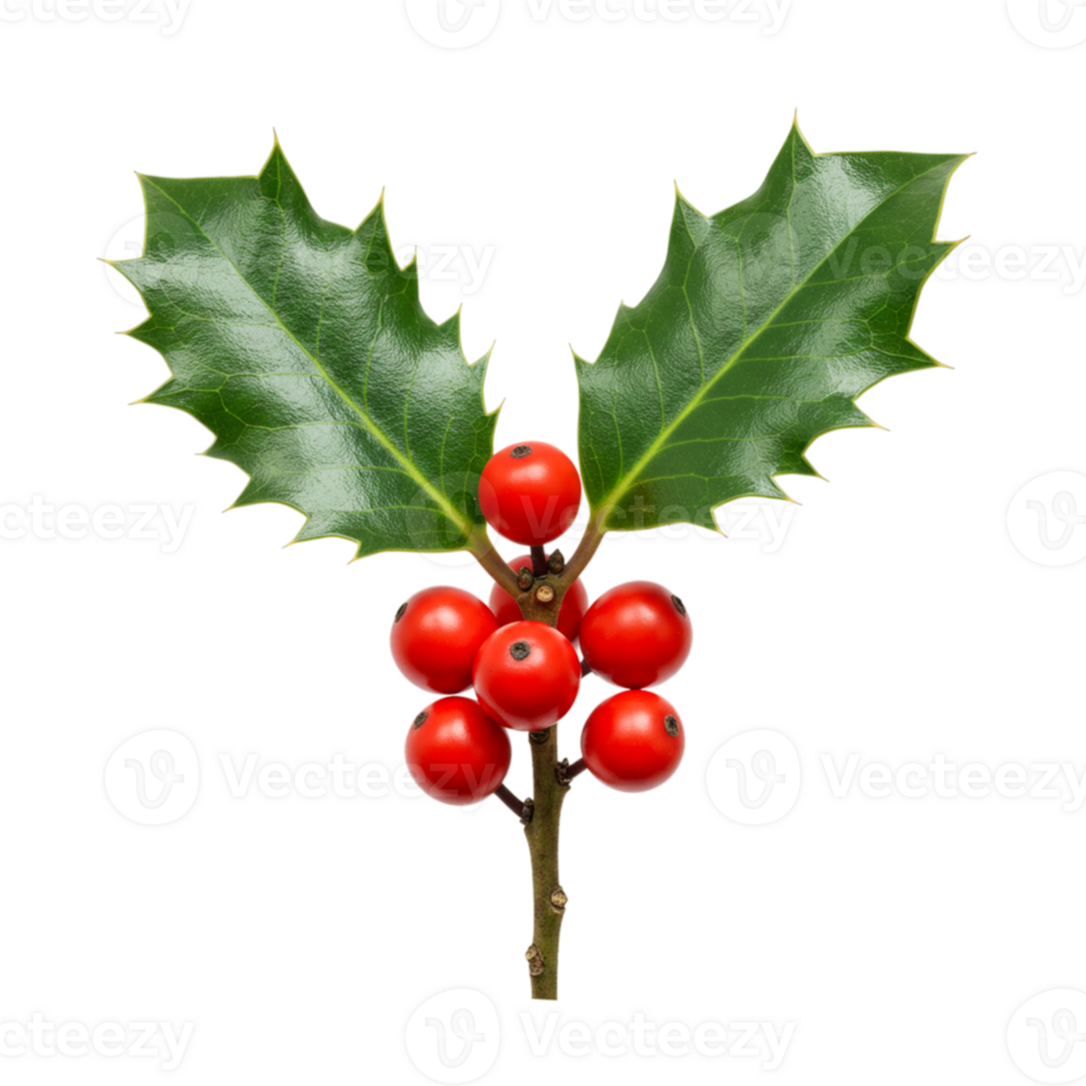 Holly berries and leaves close-up nature scene botanical photography studio background vertical view seasonal decoration png