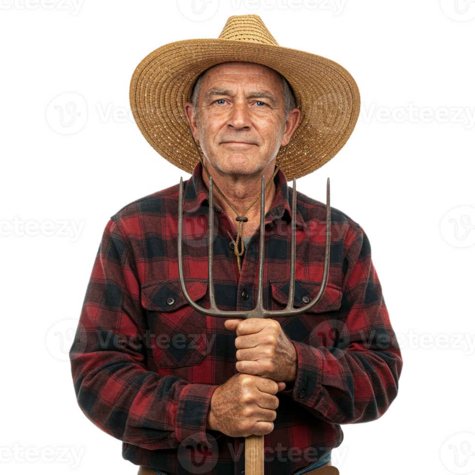 Farm life action experienced farmer with pitchfork in rural setting portrait photography sunshine hard work concept png